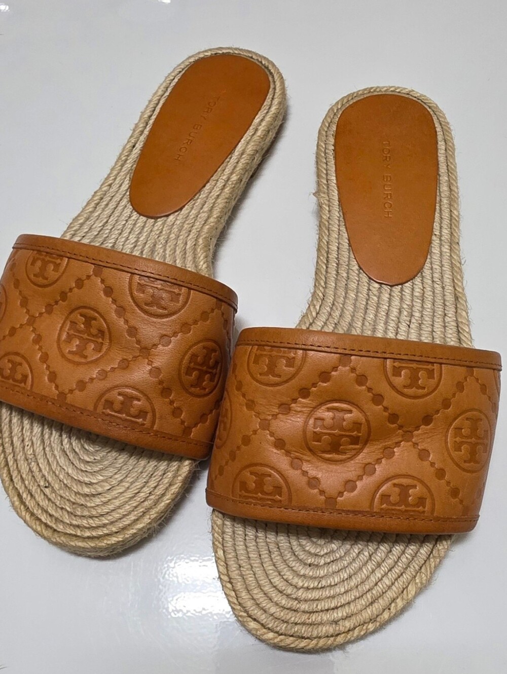 Tory Burch Cognac Leather Logo Espadrille Slide Sandals